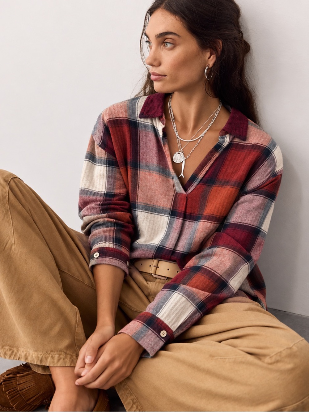 Plaid Oversized Popover HighLow Tunic Blouse Burgundy Cotton Boho Flannel Casual